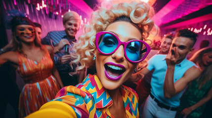 Pop art style, image of an influencer taking a group selfie at a party, bright colors, exaggerated...