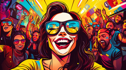 Pop art style, image of an influencer taking a group selfie at a party, bright colors, exaggerated facial expressions, fun vibe