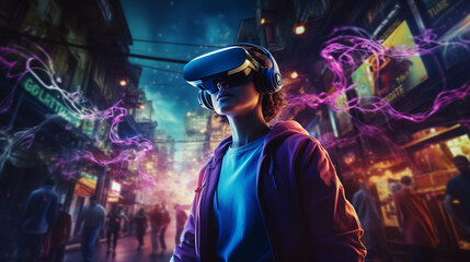 a gaming influencer immersed in a virtual reality game, dynamic colors, intense action
