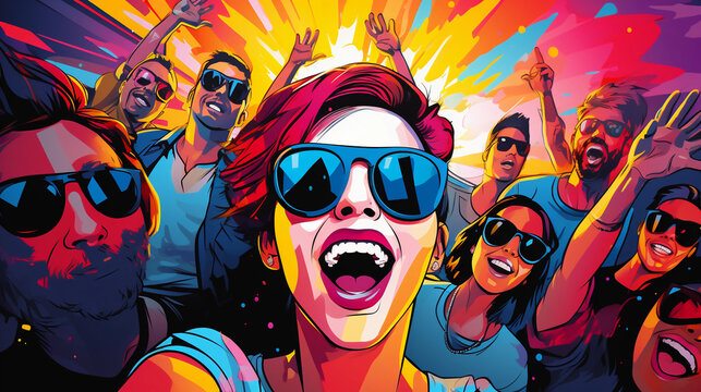 Pop art style, image of an influencer taking a group selfie at a party, bright colors, exaggerated facial expressions, fun vibe