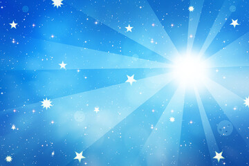 Stars and snowflakes on the shiny blue space. Abstract blue background concept, motivation for a backdrop, wallpaper, graphic design.