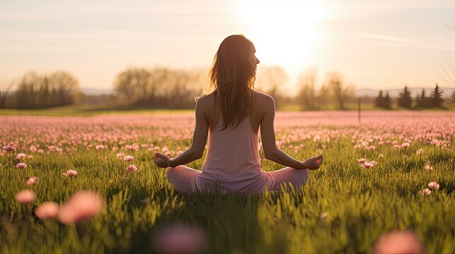 A peaceful yoga session set in a blooming spring field