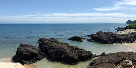 Fototapeta na wymiar Summer beach landscape. Panoramic rocks on the beach