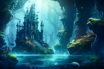 Generative AI, Mermaidcore aesthetics , underwater fairytale concept. fantasy world underwater. castle in water with reefs and corals in blue colors
