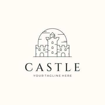 magic castle line art logo vector minimalist illustration design, sunset old palace