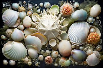 Generative AI. Mermaid core aesthetics. underwater, iridescence, nautical concept. seashells, starfish and pearls on blue background