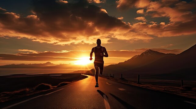 An athlete running against a breathtaking sunrise backed