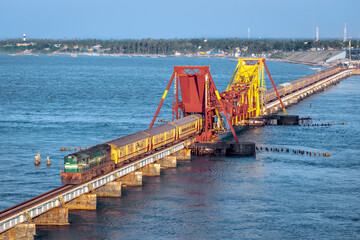 Rameshwaram to Chennai Boat Mail express train crosses 2 kilometers long Pamban sea railway bridge, India