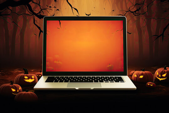 Advertising poster mockup with laptop for halloween sales.