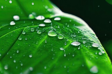 Drops of dew and rain on a green leaf macro texture. Generative AI