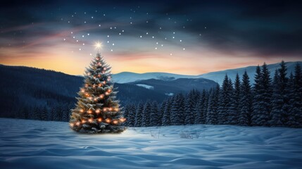 Fototapeta na wymiar Snowy Christmas scene with a beautifully lit tree
