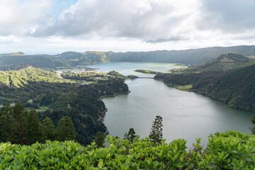 The mesmerizing lakes of Sete Cidades on the Sao Miguel island in the Azores of Portugal. 
