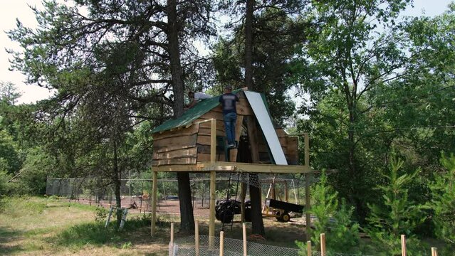 Tree house roof made of metal sheets being secured. There are two trees going trough house.