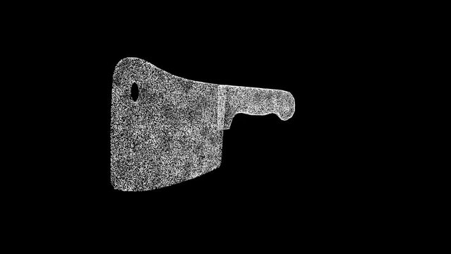 3D Butcher knife rotates on black bg. Meat chopper. Kitchen knife for meat. Slaughterhouse, meat industry. For title, text, presentation. Business advertising backdrop. 3d animation 60 FPS