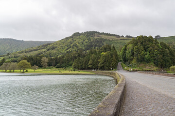 Fototapeta na wymiar The mesmerizing lakes of Sete Cidades on the Sao Miguel island in the Azores of Portugal. 