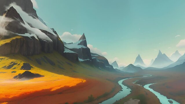 Open landscape with mountains and sunshine in the background, 360 Camera View, seamless loop, abstract 3D