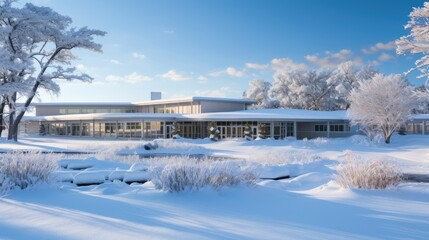 Snow-covered healthcare facility in a serene winter land