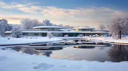 Snow-covered healthcare facility in a serene winter land