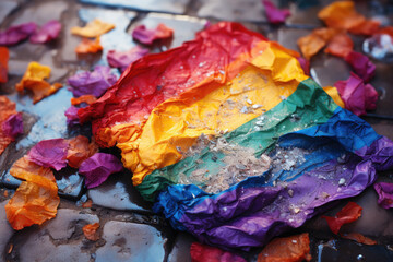 close-up of a crumpled  and dirtied LGQT pride flag on the ground in the aftermath of a parade 