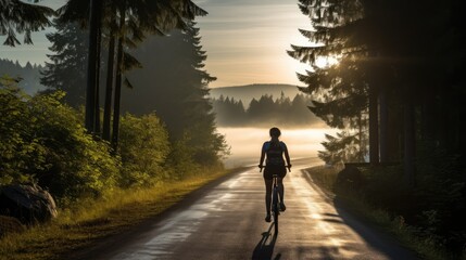 Woman cycling through beautiful scenic routes in early morning