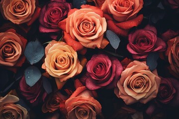 a photo of multiple roses on a dark background, Image created with Generative AI technology.