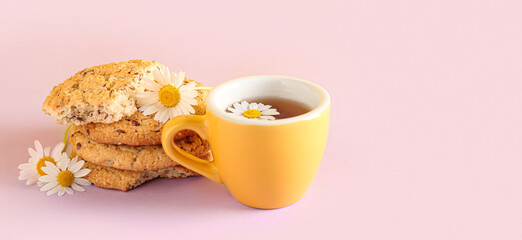 Cup of natural chamomile tea with cookies on pink background