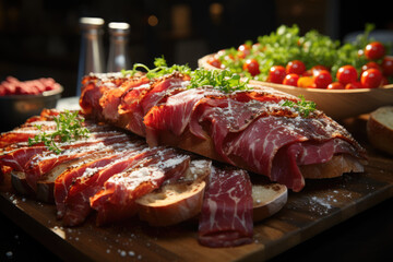 Delightful Slices of Jamon Accompanied by Tomato, Bread, Melon, and Salad. Ham Culinary Art Concept