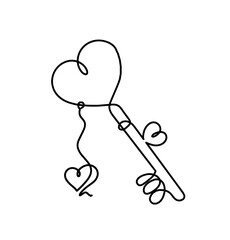 Abstract heart-key with heart as continuous line drawing on white background