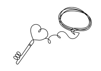 Abstract heart-key with comment as continuous line drawing on white background