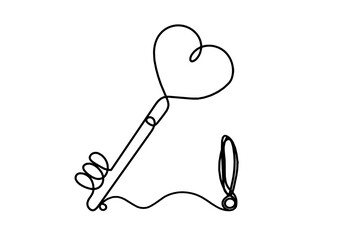 Abstract heart-key with exclamation mark as continuous line drawing on white background