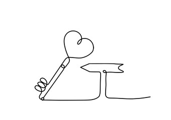 Abstract heart-key with direction as continuous line drawing on white background