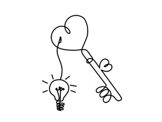Abstract heart-key with light bulb as continuous line drawing on white background