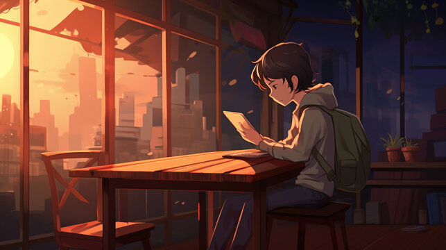 Beautiful lofi style indoor environment with a boy