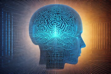 human head outlines, lights and abstract design elements on the subject of modern technology, digital revolution, scientific thinking, science and technology. Created with generative AI tools