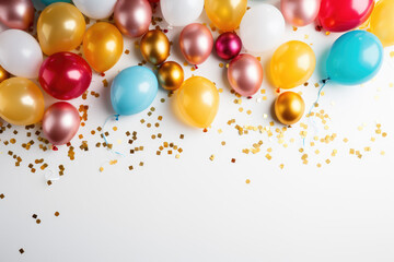 FestiveParty Setup: Colorful Balloons and Confetti Arrangement on White Background. Ideal for Promotional Materials with Ample Copy Space