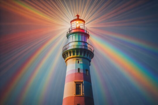 Picture illustrating a lighthouse emitting a spectrum of colors, symbolizing the concepts of hope, joy, and diversity.