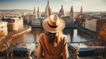 Fototapeta na wymiar Elegant Woman with a Hat Takes a Leisurely Stroll Through European Streets, Immersing Herself in the Rich Architectural Heritage of the City