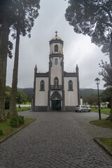 White and black church in Sao Miguel Island at the Azores. 