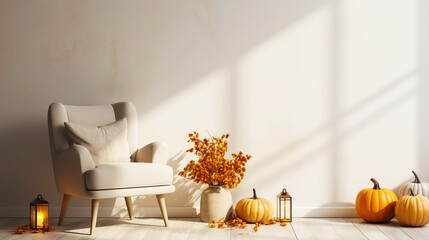 Modern living room with natural fall decor pumpkins and candles. Empty wall mockup. Generative AI illustration