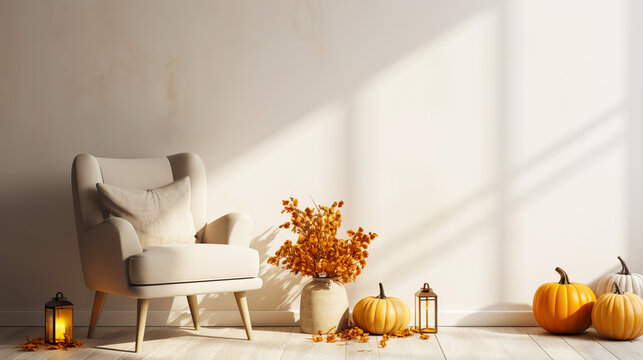Modern living room with natural fall decor pumpkins and candles. Empty wall mockup. Generative AI illustration
