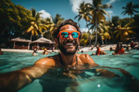 Tropical Vibes. Handsome Boy with Glasses on Tropical-Themed Background. Summer Fun AI Generative