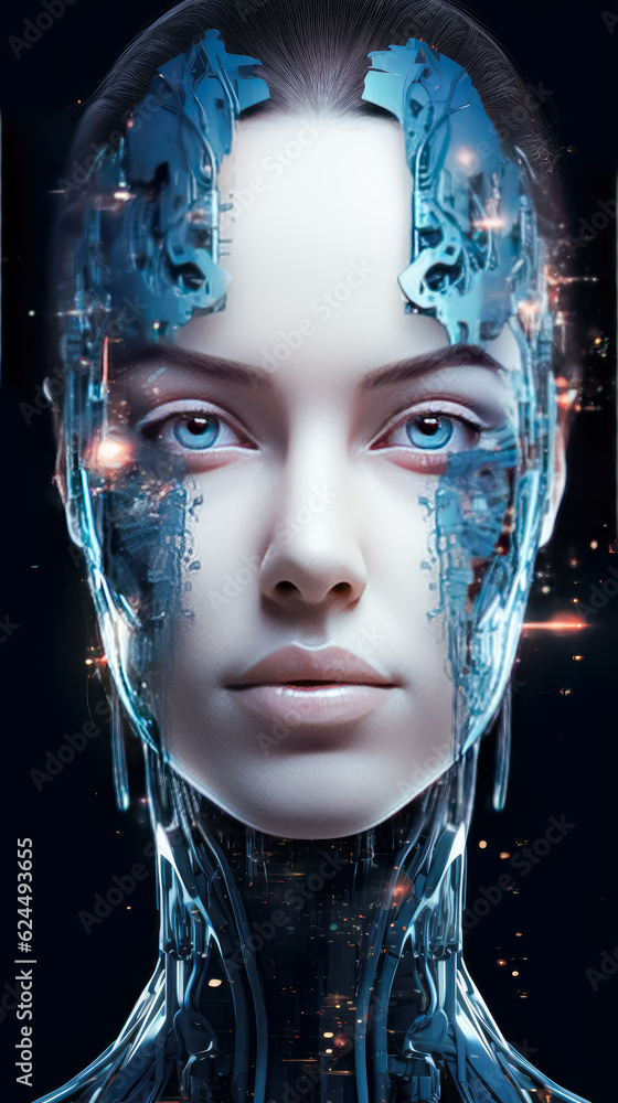 Poster female robot with artificial intelligence in black background. generative ai
