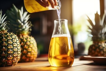 Woman pouring pineapple juice from jug into glass.