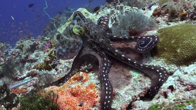 Octopus close-up on bright corals and fish in underwater world of Bali. Close-up underwater paradise with octopus and variety of fish amidst vibrant hues of corals in pristine, clear water.