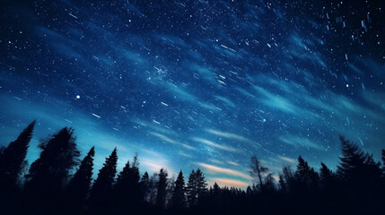 Fototapeta na wymiar Abstract time lapse night sky with shooting stars over forest landscape. Milky way glowing lights background, Generative Ai