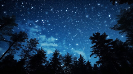 Naklejka premium Abstract time lapse night sky with shooting stars over forest landscape. Milky way glowing lights background, Generative Ai