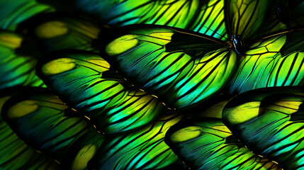Butterfly Wing - closeup butterfly wing yellow black green. iridescent, background wallpaper texture, Generative Ai