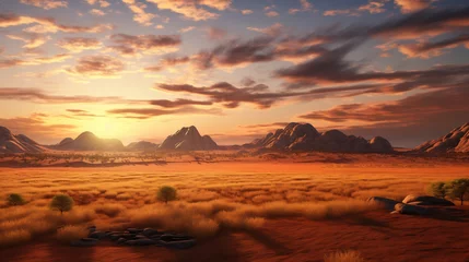 Tuinposter Cinematic African landscape. Sahara grasslands. Sunrise over the desert plains. Safari views, Generative Ai © oldwar