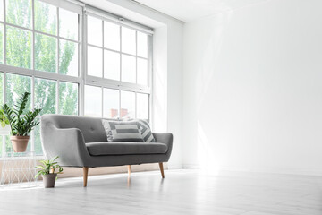 Cozy grey sofa with cushions and houseplants near big window