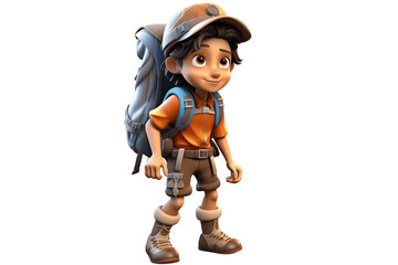 Cautious Hiker 3D Cartoon Character on Transparent Background. AI - obrazy, fototapety, plakaty
